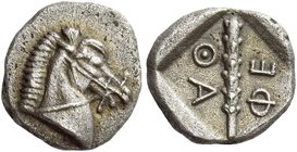 Thessalian League
Obol circa 470-460, AR 0.94 g. Head of bridled horse r. Rev. ΦΕ – ΘΑ Club, all within incuse square. BMC 11. BCD Thessaly I, 1007 (...