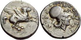 Epirus, Ambracia
Stater circa 426-404 BC, AR 8.22 g. Pegasus flying r.; below, A. Rev. Head of Athena r., wearing Corinthian helmet; in l. field, mon...