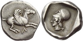Acarnania, Leucas
Stater circa 480-450, AR 8.43 g. Bridled Pegasus flying r.; below, A. Rev. Head of Athena l., wearing Corinthian helmet; the whole ...