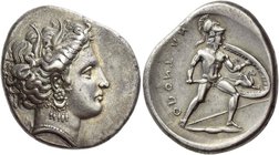 Locris, Locri Opuntii
Stater, circa 340, AR 11.88 g. Head of Demeter r., hair wreathed with three leaves of wheat, wearing drop necklace tied at the ...