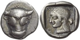 Phocis, Phocis
Federal coinage. Triobol circa 485-480, AR 3.06 g. Facing head of bull. Rev. Φ – Ο – Κ – [Ι] Head of Artemis l., hair beaded and arran...
