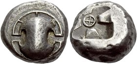 Thebes
Stater, circa 480-460, AR 12.07 g. Boeotian shield. Rev. Square incuse with anti-clockwise mill-sail pattern; + in centre. Head, Boeotia, p. 1...