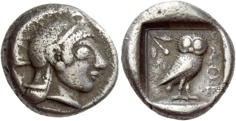 Attica, Athens
Drachm circa 500-490, AR 4.15 g. Helmeted head of Athena r., wea...