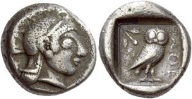 Attica, Athens
Drachm circa 500-490, AR 4.15 g. Helmeted head of Athena r., wearing earring and necklace. Rev. AΘE Owl standing r., head facing; in l...