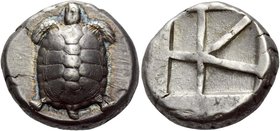 Aegina, Aegina
Stater circa 445-431, AR 12.36 g. Turtle seen from above. Rev. Large skew pattern. SNG Delepierre 1837. Mitchiner 304.
Lovely light i...