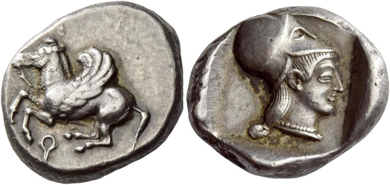Corinthia, Corinth
Stater circa 475, AR 8.60 g. Pegasus flying l.; below, [kopp...