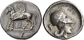 Corinthia, Corinth
Stater circa 400-375, AR 8.57 g. Pegasus, with curved wing, advancing l.; below, [koppa]. Rev. Head of Athena r., wearing Corinthi...