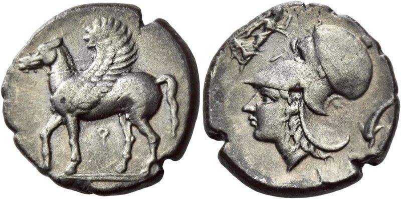 Corinthia, Corinth
Stater circa 360-338, AR 7.67 g. Pegasus, with curved wing, ...