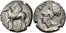 Corinthia, Corinth
Stater circa 360-338, AR 7.67 g. Pegasus, with curved wing, advancing l.; below, [koppa]. Rev. Head of Athena l., wearing Corinthi...