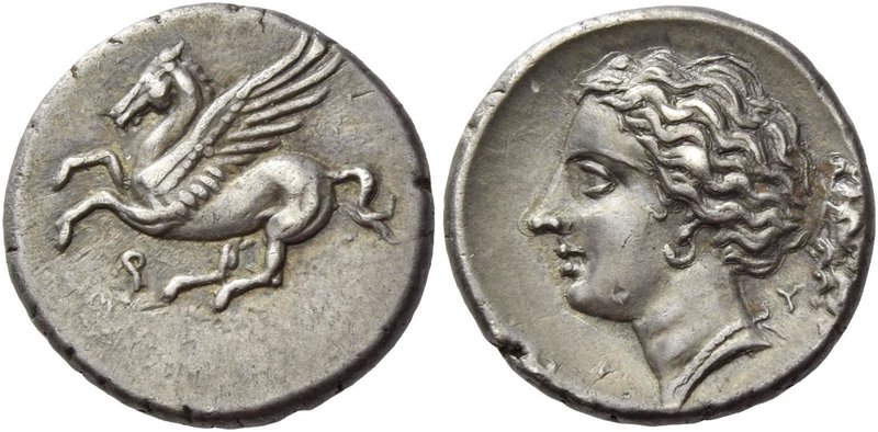 Corinthia, Corinth
Drachm circa 350-300, AR 2.72 g. Pegasus flying l.; below, [...
