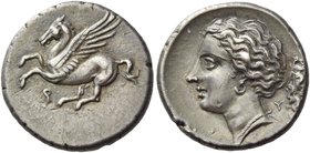 Corinthia, Corinth
Drachm circa 350-300, AR 2.72 g. Pegasus flying l.; below, [koppa]. Rev. Head of Aphrodite l., hair bound loosely at back, wearing...