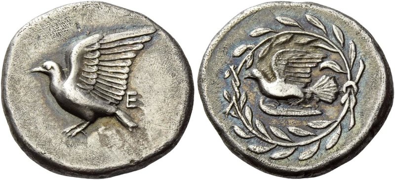 Syciona, Sycion
Drachm circa 431-400, AR 5.94 g. Dove, with raised wings, aligh...