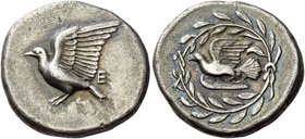 Syciona, Sycion
Drachm circa 431-400, AR 5.94 g. Dove, with raised wings, alighting l; below and above tail, Σ – Ε. Rev. Dove flying l; all within la...