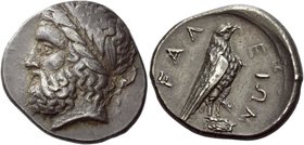 Elis, Olympia
Stater circa 356, 106th Olympiad, AR 12.22 g. Laureate head of Zeus l. Rev. FAΛ – ΕΙΩΝ Eagle, with closed wings, standing r. on Ionic c...