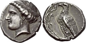 Elis, Olympia
Stater circa 340, 110th Olympiad, AR 12.08 g. F – A Head of Hera l., wearing ornamented stephanos. Rev. Eagle standing l., wings closed...