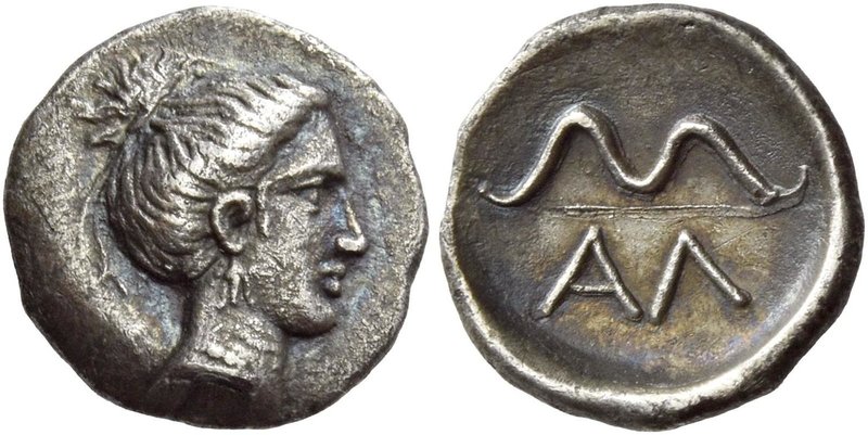 Arcadia, Alaea
Obol circa 390-370, AR 0.93 g. Head of Artemis r., wearing earri...