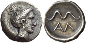 Arcadia, Alaea
Obol circa 390-370, AR 0.93 g. Head of Artemis r., wearing earrings and necklace. Rev. AΛ Bow; all within incuse circle. BMC 1. SNG Co...