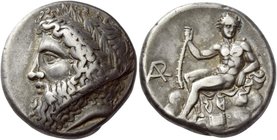 Megalopolis
For the Archadian League. Stater Summer 363 – Spring 362, AR 12.11 g. Laureate head of Zeus Lykaios l. Rev. Youthful and naked Pan seated...