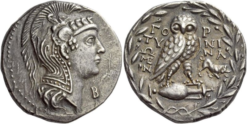 Crete, Gortyna
Tetradrachm circa 85, AR 15.82 g. Head of Athena Parthenos r., w...
