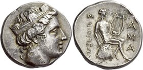 Sinope
Tetradrachm circa 330-300, AR 17.09 g. Head of Sinope r., wearing mural crown. Rev. ΣΙΝΩΠΕΩΝ Apollo seated r. on omphalos, holding lyre; in r....