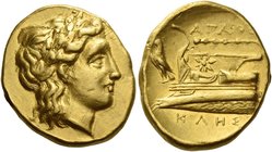 Bithynia, Cius
Stater, magistrate Agathokles circa 340-330, AV 8.57 g. Laureate head of Apollo r. Rev. AΓAΘO / KΛHΣ Prow of galley l., decorated with...