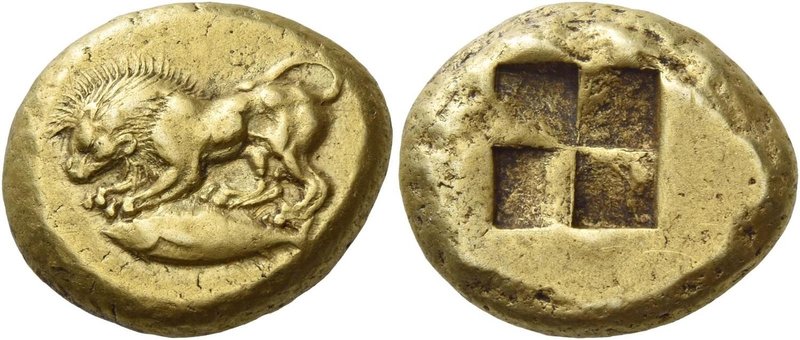 Mysia, Cyzicus
Stater circa 500-450, EL 15.90 g. Lion crouching l.; below, tunn...