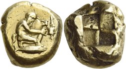 Mysia, Cyzicus
Stater circa 460-420, EL 15.97 g. Silenus, with horse’s ear and tail, kneeling r., holding in his outstretched r. hand cantharus into ...