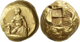 Mysia, Cyzicus
Stater circa 430-420, EL 16.03 g. Orestes kneeling l.; resting l. hand on omphalos and holding sword in r. Below tunny fish l. Rev. Qu...