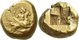Mysia, Cyzicus
Stater circa 400-330, EL 16.00 g. Apollo seated l. on griffin flying r., wearing laurel wreath and chiton, holding branch; below, tunn...