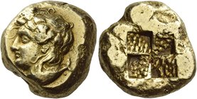 Mysia, Cyzicus
Stater circa 400-330, EL 15.99 g. Ivy-wreathed head of Dionysus l., below, tunny fish l. Rev. Quadripartite incuse square. von Fritze ...