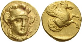 Lampsacus
Stater circa 400-370, AV 8.40 g. Head of Athena facing three-quarters r., wearing triple-crested helmet, earrings and necklace. Rev. Forepa...