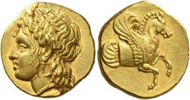 Lampsacus
Stater circa 360-340, AV 8.41 g. Head of Satyr l., wearing ivy wreath, earrings and necklace. Rev. Forepart of Pegasus r. Baldwin 32 and pl...