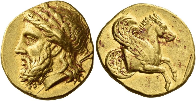 Lampsacus
Stater circa 350, AV 8.41 g. Laureate head of Zeus l., with lotus-tip...