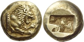 Uncertain mint
Milesian stater circa 500-480, EL 14.04 g. Forepart of lion r. with dotted body truncation. Rev. Rectangular incuse punch with irregul...