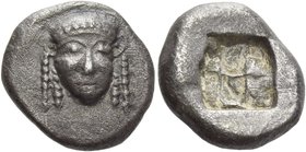 Colophon
Drachm circa 500, AR 5.65 g. Pearl-diademed head of Apollo facing. Rev. Square incuse punch. Traitè I, pl. 58, 11. Jameson 1312 (this coin)....