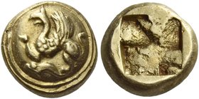 Phocaea
Hecte circa 521-478, EL 2.55 g. Round shield decorated with griffin springing l.; below, seal l. Rev. Quadripartite incuse square. Bodenstedt...