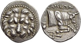 Islands off Ionia, Samos
Drachm circa 310-300, AR 4.73 g. Lion's head facing. Rev. ΣΑΜΙΩΝ Forepart of bull r.; in l. field, crater, below, trident an...
