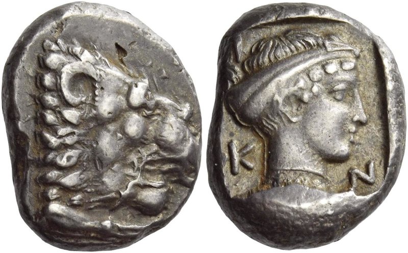 Cnidus
Drachm circa 411-394, AR 6.09 g. Forepart of lion r., with open jaws and...