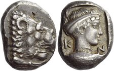 Cnidus
Drachm circa 411-394, AR 6.09 g. Forepart of lion r., with open jaws and tongue protruding. Rev. K – N– I Head of Aphrodite r., hair bound. Al...
