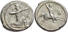 Satraps of Caria. Achaemenid period, circa 350 – 341
Tetradrachm, uncertain mint circa 350-341, AR 15.23 g. Persian king in kneeling-running position...