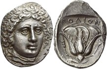 Rhodes
Tetradrachm circa 404-385, AR 15.34 g. Laureate head of Helios facing three-quarters r. Rev. PΟΔION Rose with bud r.: in l. field, barley ear ...