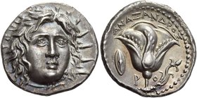 Rhodes
Didrachm, magistrate Anaxandros circa 229-205, AR 6.75 g. Head of Helios facing three-quarters r. Rev. P – O / ΑNAΞANΔPOY Rose with bud to r.;...