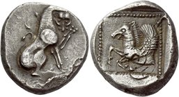 Dynasts of Lycia, Uncertain dynast, circa 500 – 440
Stater, Tlos (?) circa 500-440, AR 9.32 g. Lion seated r., head facing, raising l. foreleg. Rev. ...