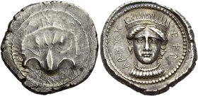 Unknown Dynast of Araxa, circa 380
Stater circa 380, AR 8.37 g. Lion’s head facing. Rev. Araththihe in Lycian characters Female head facing, wearing ...