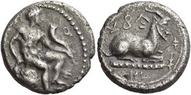 Cyprus. Kings of Salamis, Evagoras I circa 411- 374
Tetrobol, Salamis circa 411-374, AR 3.32 g. Heracles naked seated l. holding horn; behind bow. Re...