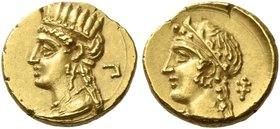 Pnytagoras, 351 – 332
1/12 stater, AV 0.68 g. Turreted head of Aphrodite l.: in r. field, Π. Rev. Diademed head of Aphrodite l.; in r. field, ba in C...