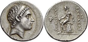 Antiochus III, 223 – 187
Tetradrachm, rose mint (Edessa?) circa 223-217, AR 16.91 g.. Diademed head r. Rev. ΒAΣΙΛΕΩΣ ΑΝΤΙΟΧΟΥ Apollo seated l. on omp...