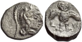 Samaria
ma'al-obol, uncertain mint circa IV century BC, AR 0.73 g. Helmeted head of Athena r. Rev. sn-Shomron in Aramaic characters Owl standing faci...