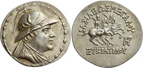 Eucratides I, circa 171-145
Tetradrachm circa 165-160 BC, AR 16.93 g. Helmeted and draped bust r. Rev. BAΣIΛEΩΣ / MEΓAΛOY / EYKPATIΔOY The Dioscuri o...