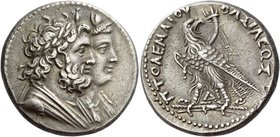 Ptolemy IV Philopator, 221-205
Tetradrachm, Alexandria 221-203, AR 14.04 g. Joined draped busts r. of Serapis, wreathed, and Isis, diademed. Rev. ΠΤΟ...
